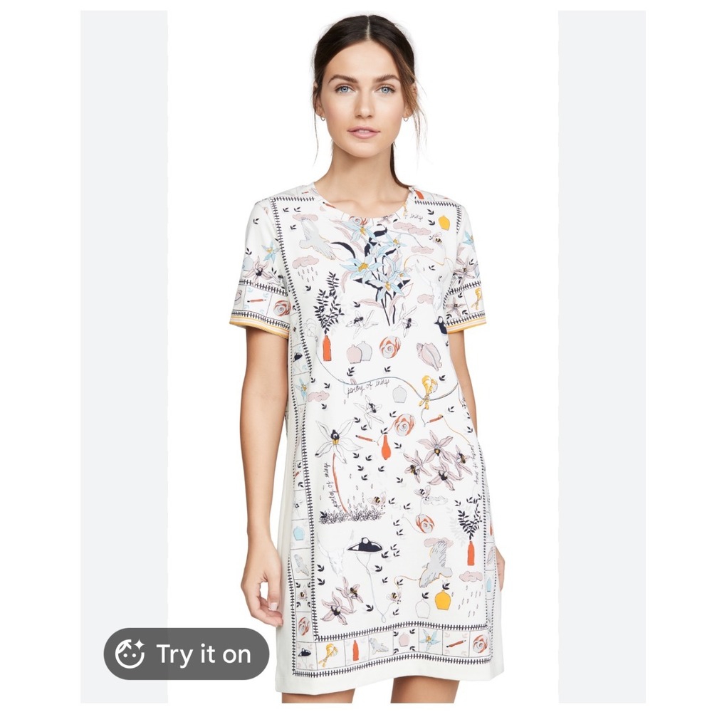 Tory Burch Poetry of Things Dress XS Cream Pima Cotton Whimsical Print